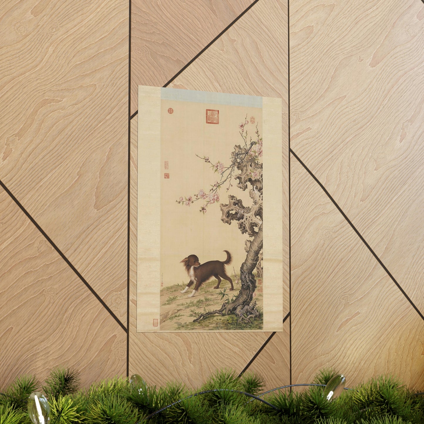 ODDONE Poster: "Dog Under Flowers" Giuseppe Castiglione (Jesuit painter 1688-1766) Chinese Palace Painting