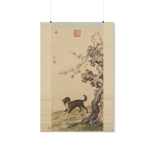 ODDONE Poster: "Dog Under Flowers" Giuseppe Castiglione (Jesuit painter 1688-1766)  Chinese Palace Painting