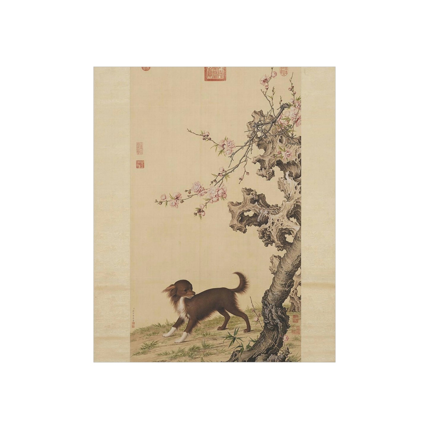 ODDONE Poster: "Dog Under Flowers" Giuseppe Castiglione (Jesuit painter 1688-1766)  Chinese Palace Painting