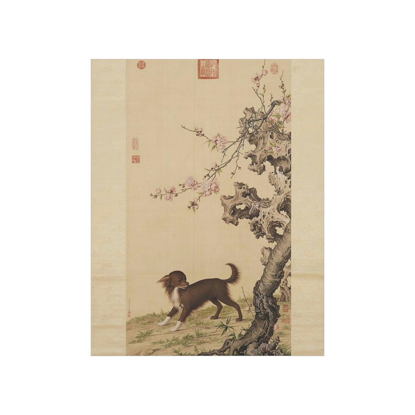 ODDONE Poster: "Dog Under Flowers" Giuseppe Castiglione (Jesuit painter 1688-1766)  Chinese Palace Painting