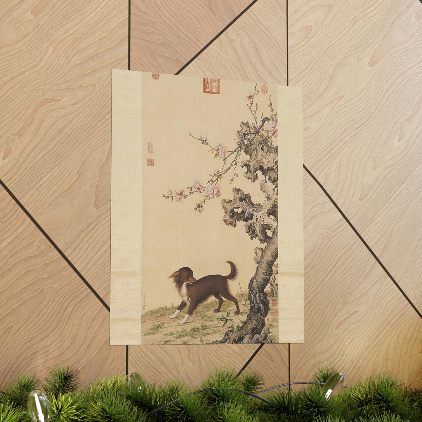 ODDONE Poster: "Dog Under Flowers" Giuseppe Castiglione (Jesuit painter 1688-1766)  Chinese Palace Painting