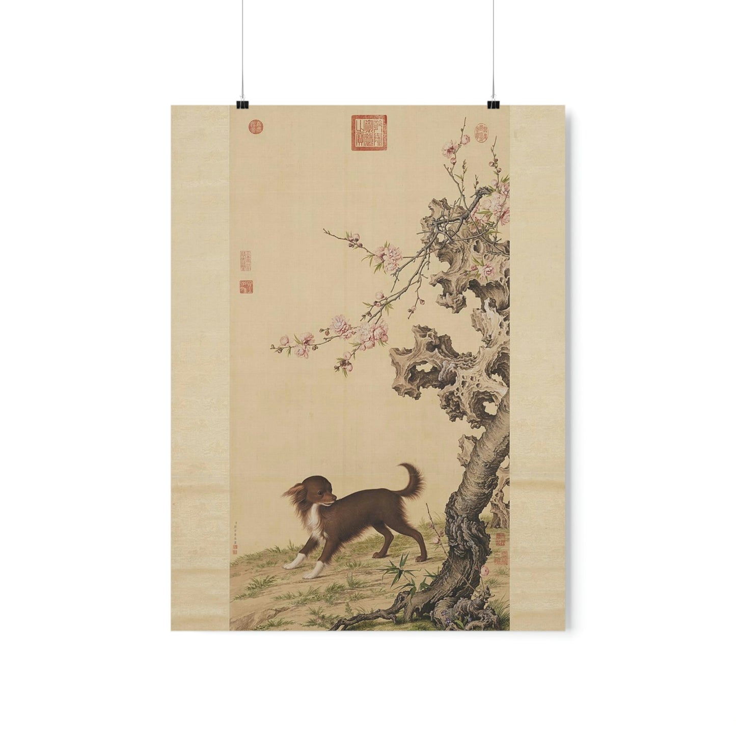 ODDONE Poster: "Dog Under Flowers" Giuseppe Castiglione (Jesuit painter 1688-1766)  Chinese Palace Painting