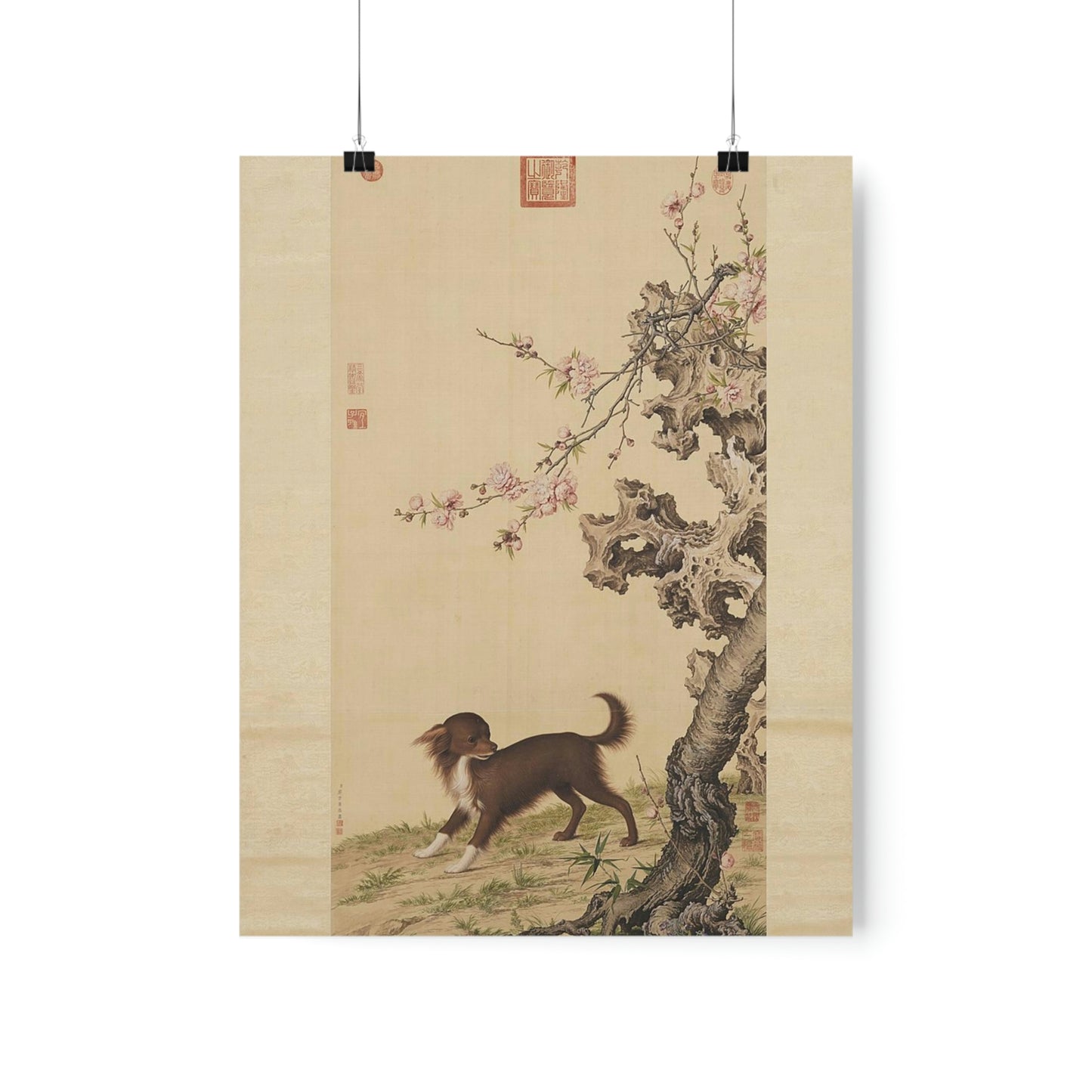 ODDONE Poster: "Dog Under Flowers" Giuseppe Castiglione (Jesuit painter 1688-1766)  Chinese Palace Painting