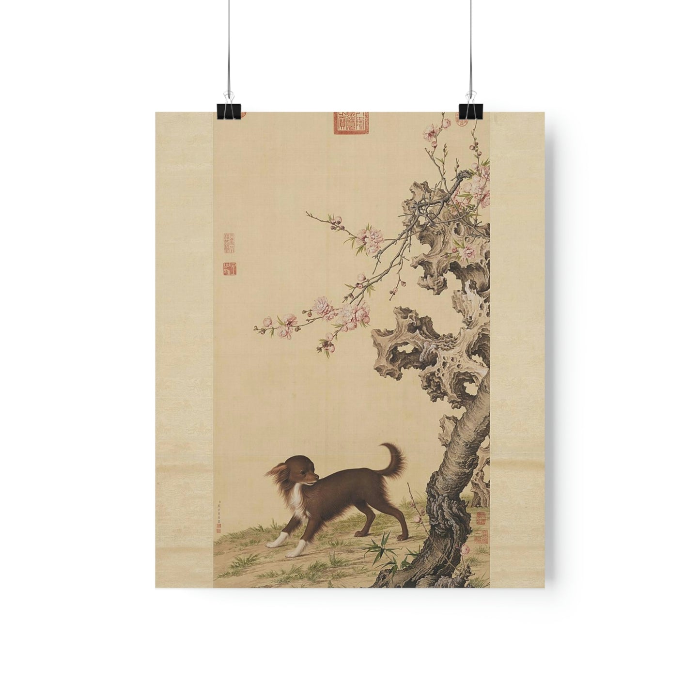 ODDONE Poster: "Dog Under Flowers" Giuseppe Castiglione (Jesuit painter 1688-1766)  Chinese Palace Painting