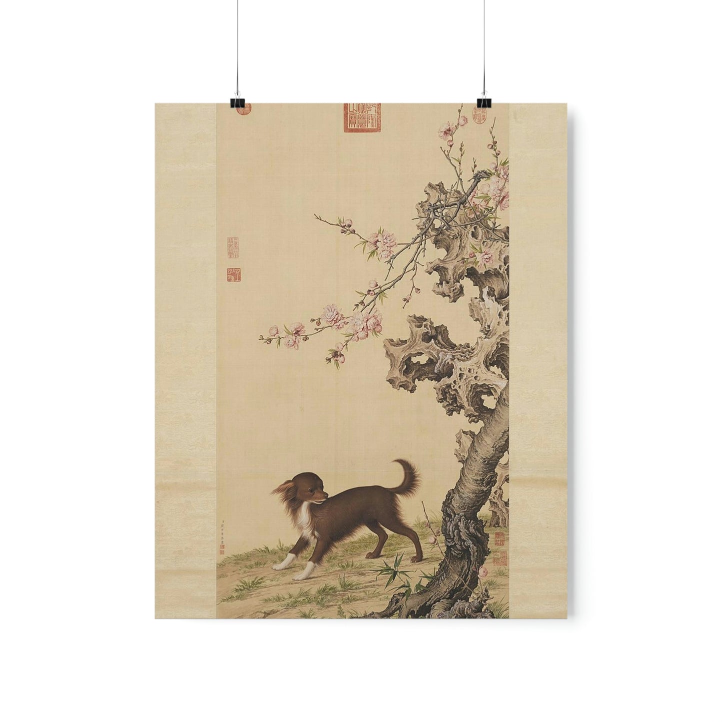 ODDONE Poster: "Dog Under Flowers" Giuseppe Castiglione (Jesuit painter 1688-1766)  Chinese Palace Painting