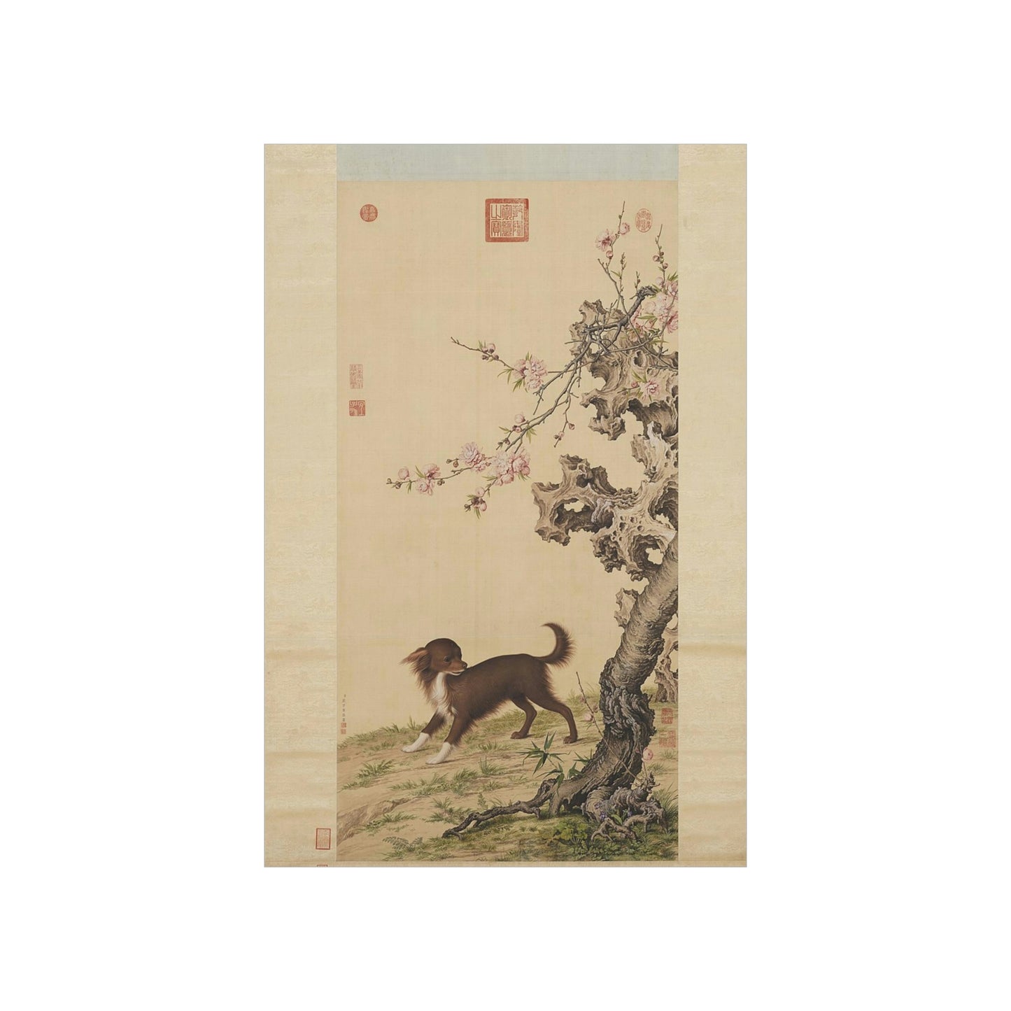 ODDONE Poster: "Dog Under Flowers" Giuseppe Castiglione (Jesuit painter 1688-1766)  Chinese Palace Painting