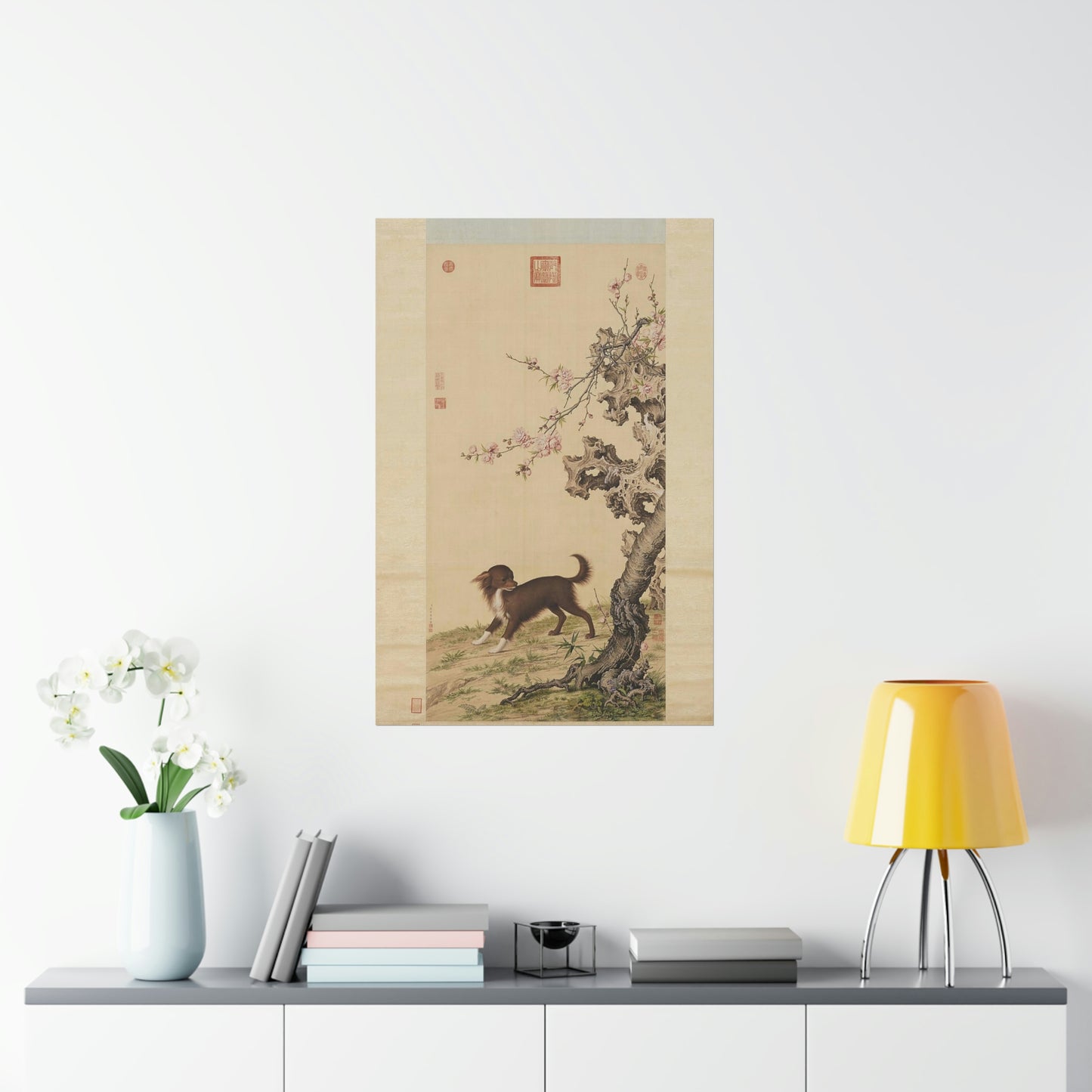 ODDONE Poster: "Dog Under Flowers" Giuseppe Castiglione (Jesuit painter 1688-1766)  Chinese Palace Painting